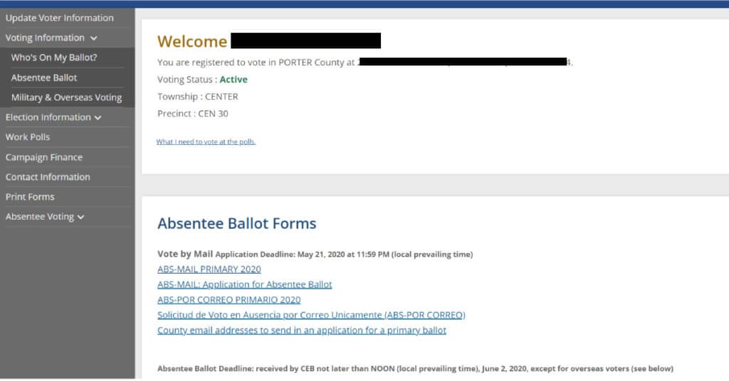 casting a ballott screen shot website Indiana elections primary elections